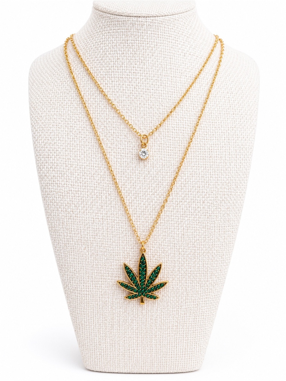 Green Rhinestone Leaf Pendant Layered Gold Tone Necklace with Crystal Accent NWT